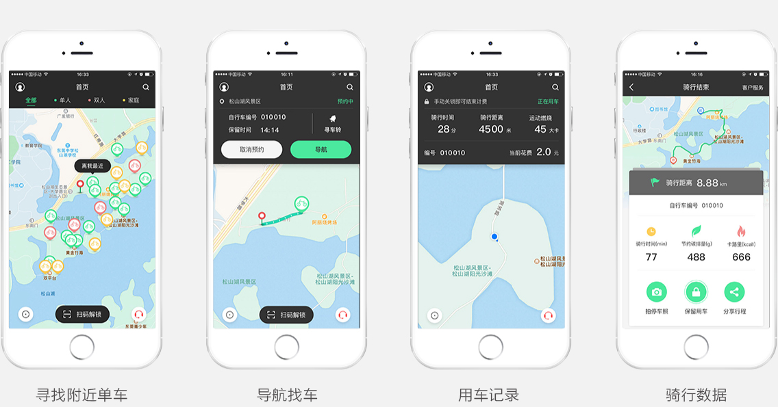 寻找附近单车/导航找车/用车记录/骑行数据